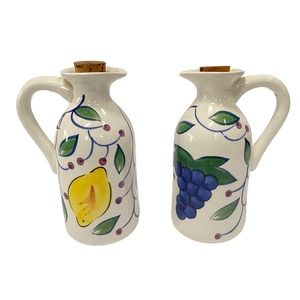 Ceramic Lemon Grape Fruit Theme Cruet Vinaigrette Bottles Cork Top Italian GUC